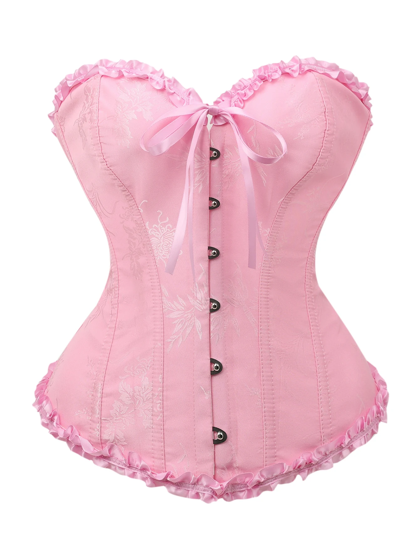 Cherry blossom pink jacquard ruffled collar waistcoat with front fastening and back ties Corset
Cherry blossom pink jacquard ruffled collar waistcoat with front fastening and back ties Corset