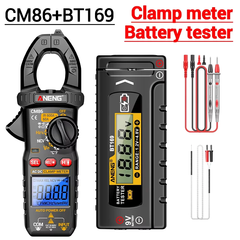 ANENG Digital Clamp Meters CM86+bt169 Battery Tester Kit Professional 6000 count AC/DC Current Voltage NCV Electrician test Tool
ANENG Digital Clamp Meters CM86+bt169 Battery Tester Kit Professional 6000 count AC/DC Current Voltage NCV Electrician test Tool