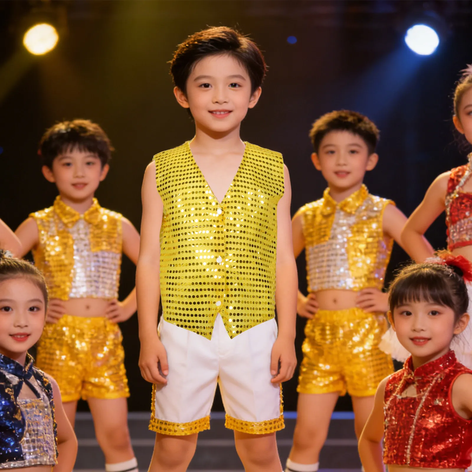 Kids Sequin Vest Jazz Dance Costume 140Cm Boys Girls Sleeveless Sparkly Waistcoat Stage Show Hip Hop Street Dance Yellow
Kids Sequin Vest Jazz Dance Costume 140Cm Boys Girls Sleeveless Sparkly Waistcoat Stage Show Hip Hop Street Dance Yellow