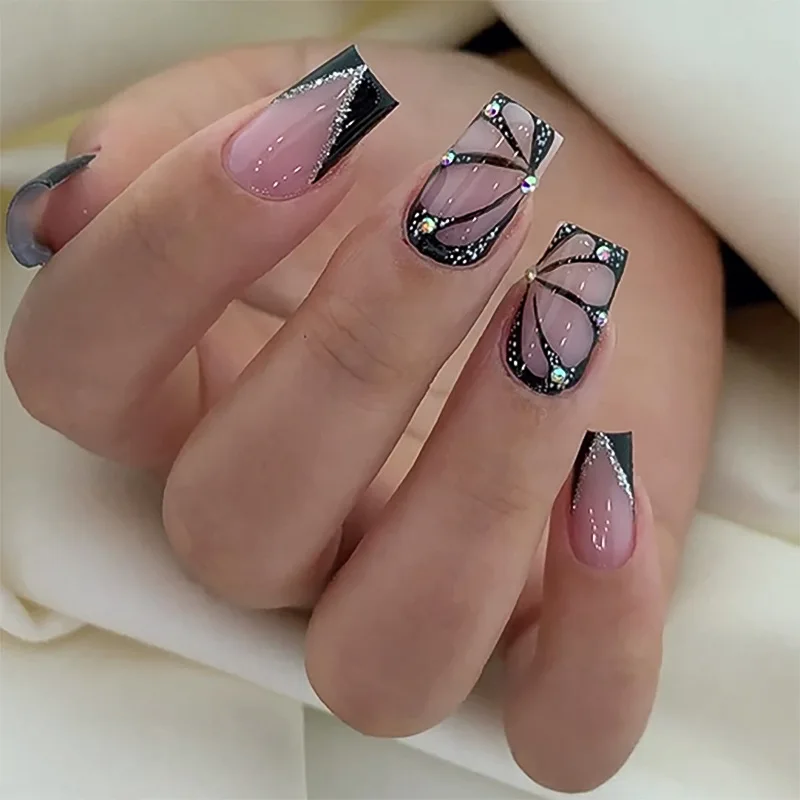24Pcs Mid-length Ballet False Nails with Butterfly Design Black French Fake Nail Wearable Square Head Press on Nails Manicure
24Pcs Mid-length Ballet False Nails with Butterfly Design Black French Fake Nail Wearable Square Head Press on Nails Manicure