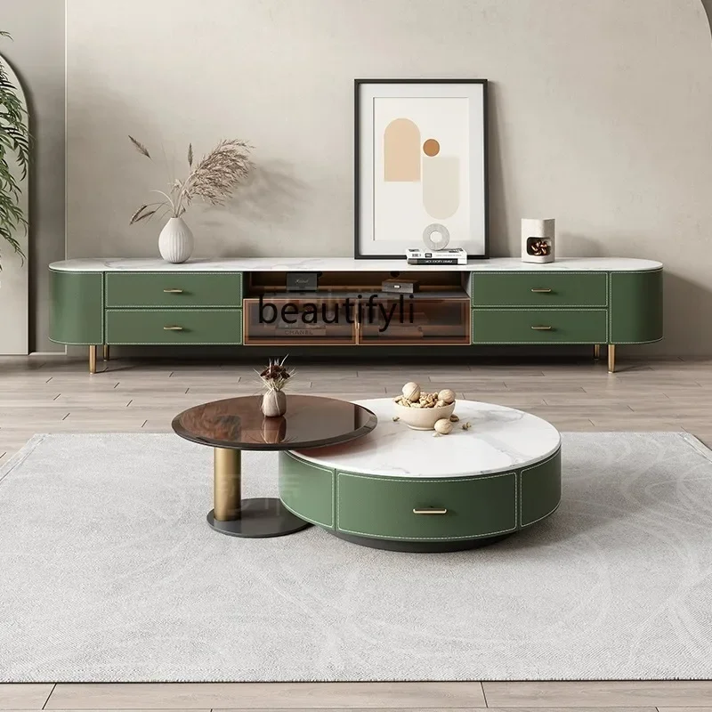 Italian saddle skin rock slab coffee table TV cabinet combination round minimalist storage light luxury3286
Italian saddle skin rock slab coffee table TV cabinet combination round minimalist storage light luxury3286