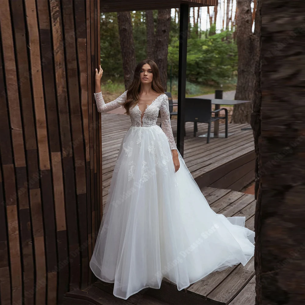 Elegant A-Line Wedding Dresses For Women Sexy V-Neck Lace Long Sleeves Bride Gown Princess Banquet Vestidos De Novias Customized
Elegant A-Line Wedding Dresses For Women Sexy V-Neck Lace Long Sleeves Bride Gown Princess Banquet Vestidos De Novias Customized