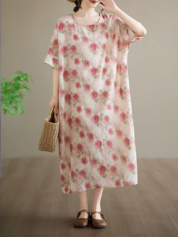 Loose Cotton Linen Summer Dress round Neck Short Sleeve Knee-Length Slimming Long Skirt Chinese Style Women's plus Size Dress
Loose Cotton Linen Summer Dress round Neck Short Sleeve Knee-Length Slimming Long Skirt Chinese Style Women's plus Size Dress