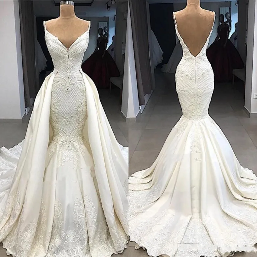 Beauty V Neck Mermaid Appliques Beads Wedding Dresses with Detachable Train Backless Vintage Robe De Mariée 2024 Bridal Gowns 
Beauty V Neck Mermaid Appliques Beads Wedding Dresses with Detachable Train Backless Vintage Robe De Mariée 2024 Bridal Gowns