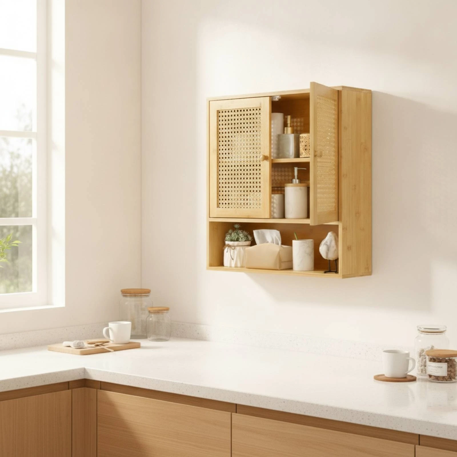 Wooden Cabinet with Rattan Doors Attractive Bamboo Wall Cabinet with Shelf Decorative Modern for Laundry Room, Entryway
Wooden Cabinet with Rattan Doors Attractive Bamboo Wall Cabinet with Shelf Decorative Modern for Laundry Room, Entryway