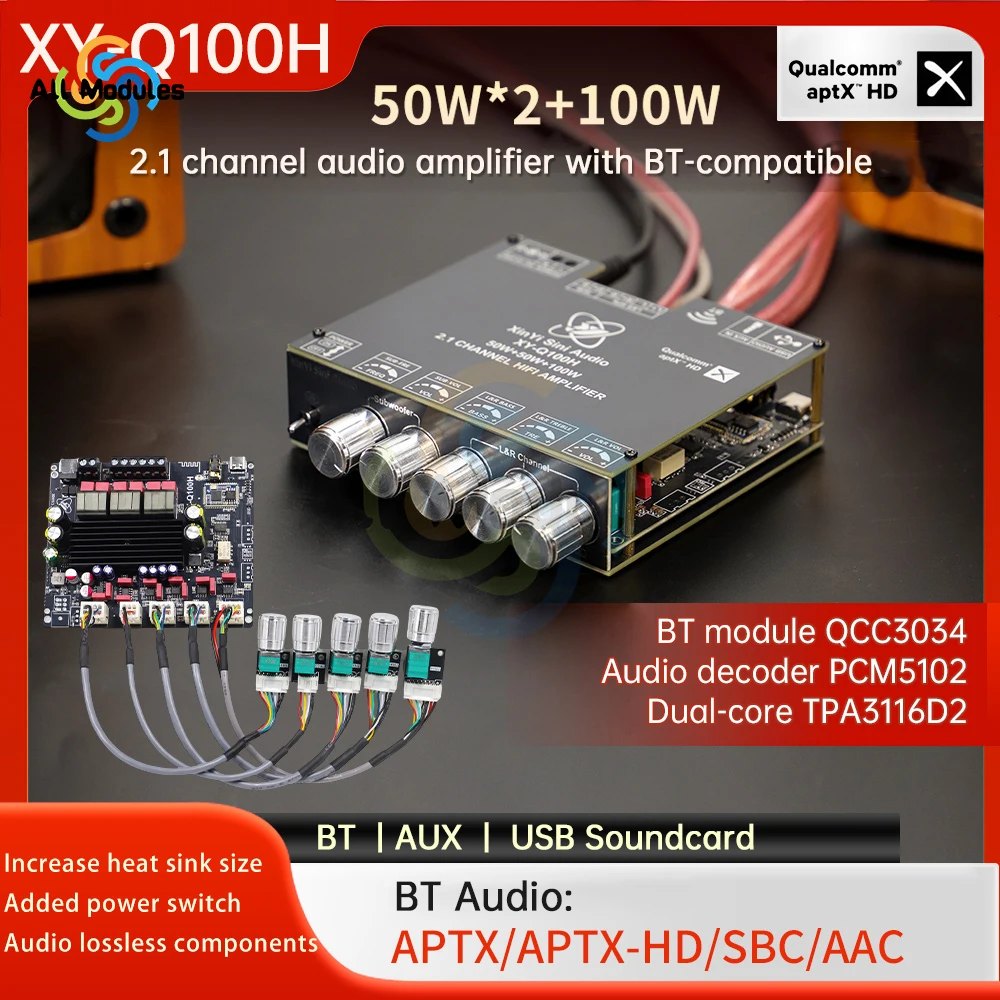 XY-Q100H Bluetooth Audio Amplifier Board 50W*2+100W 2.1 Channel TPA3116D2 Digital Power Amplifier Board DC12-24V
XY-Q100H Bluetooth Audio Amplifier Board 50W*2+100W 2.1 Channel TPA3116D2 Digital Power Amplifier Board DC12-24V