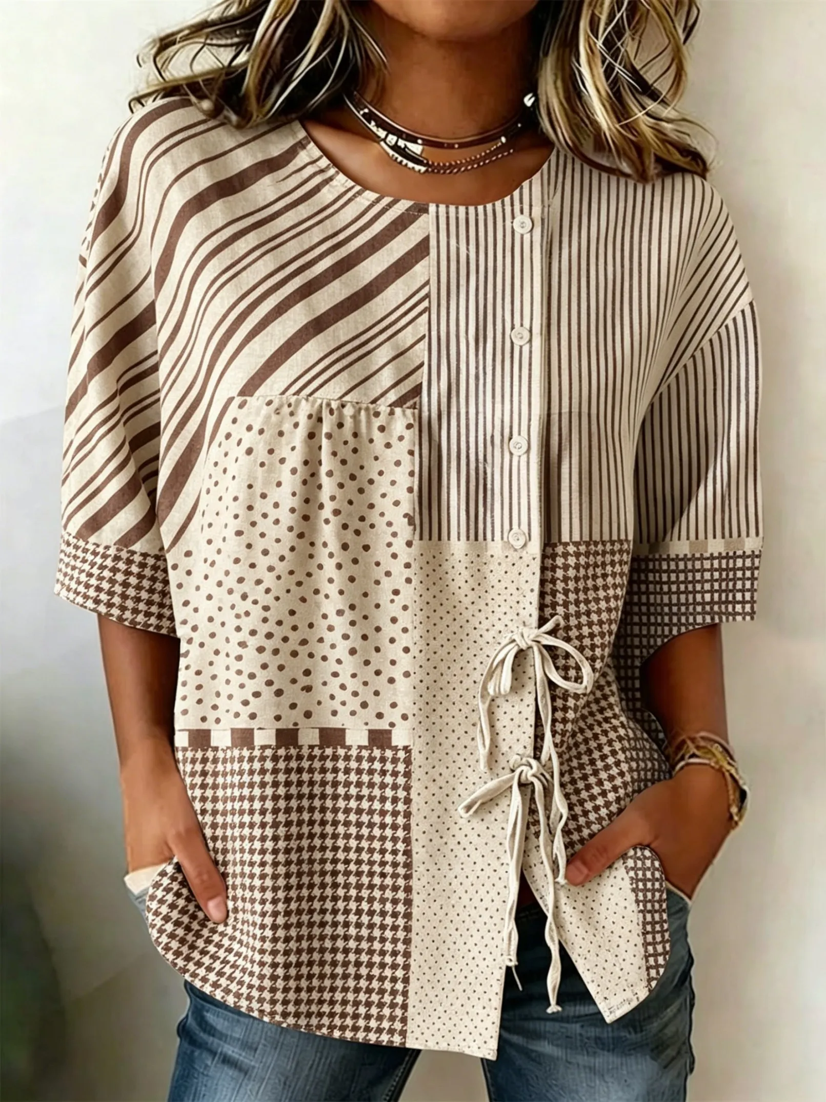 Women's Spring Summer Drawstring Blouse,Brown Patchwork Striped Polka Dot Houndstooth Print Casual Tops for Daily Holiday Outfit
Women's Spring Summer Drawstring Blouse,Brown Patchwork Striped Polka Dot Houndstooth Print Casual Tops for Daily Holiday Outfit