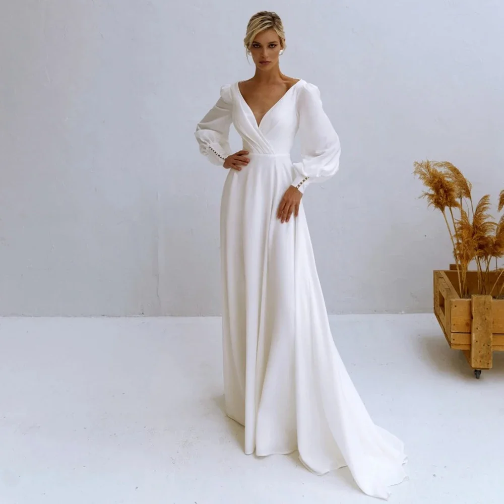Customized Double V Neckline Long Lantern Sleeves Wedding Gowns A Line Plus Size Pearls Tassel Simple Luxe Satin Bridal Dress
Customized Double V Neckline Long Lantern Sleeves Wedding Gowns A Line Plus Size Pearls Tassel Simple Luxe Satin Bridal Dress