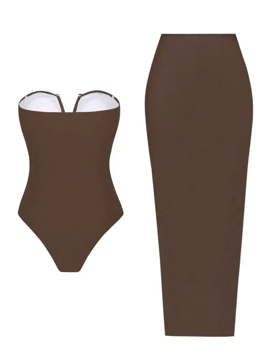 Womens Solid Brown Two Piece Swimsuit Set Bandeau Top And Skirted Bottom
Womens Solid Brown Two Piece Swimsuit Set Bandeau Top And Skirted Bottom