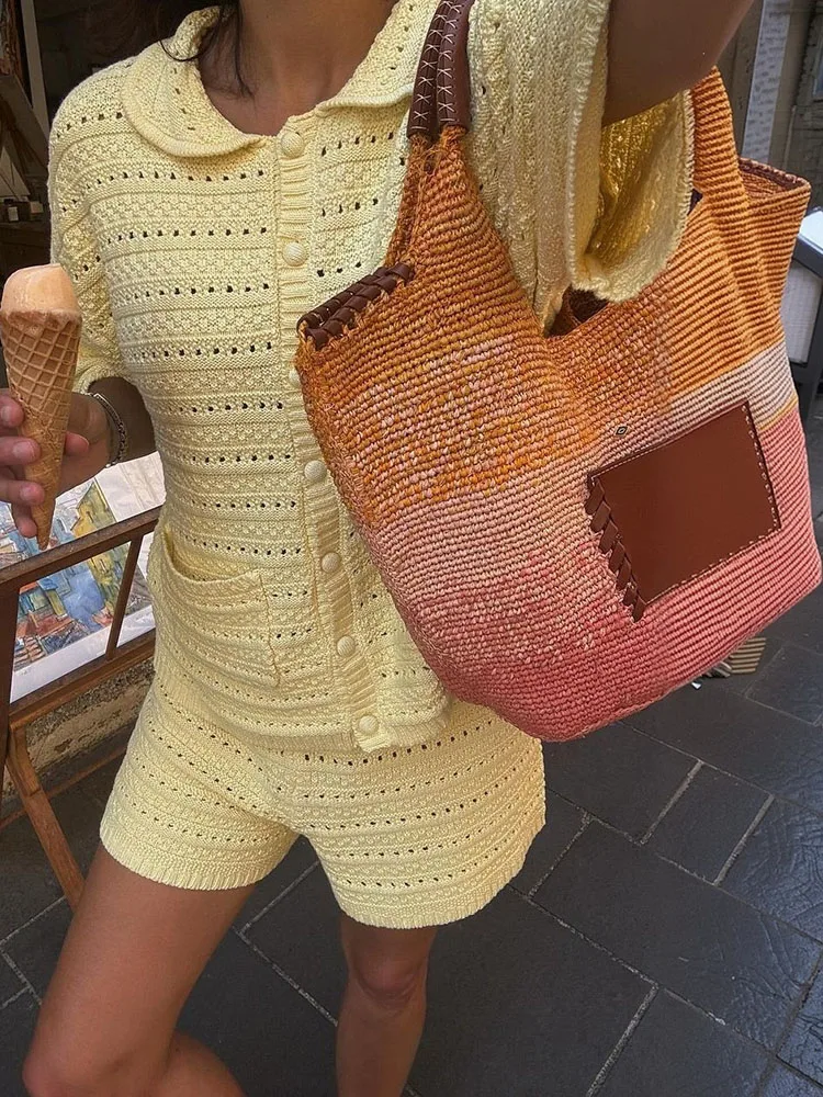 Simple Summer 2026 New Outfit Yellow Knitted Beach Women's Two Piece Set Casual Lapel Collar Button Top and Shorts Holiday Suit
Simple Summer 2026 New Outfit Yellow Knitted Beach Women's Two Piece Set Casual Lapel Collar Button Top and Shorts Holiday Suit
