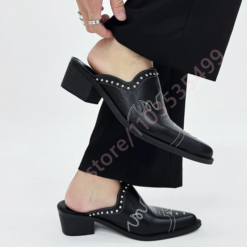 2026 New Black Leather Western Style Women/men Mules with White Stitching & Studded Detail Pointed Toe Block Heel Cowboy Slides
2026 New Black Leather Western Style Women/men Mules with White Stitching & Studded Detail Pointed Toe Block Heel Cowboy Slides