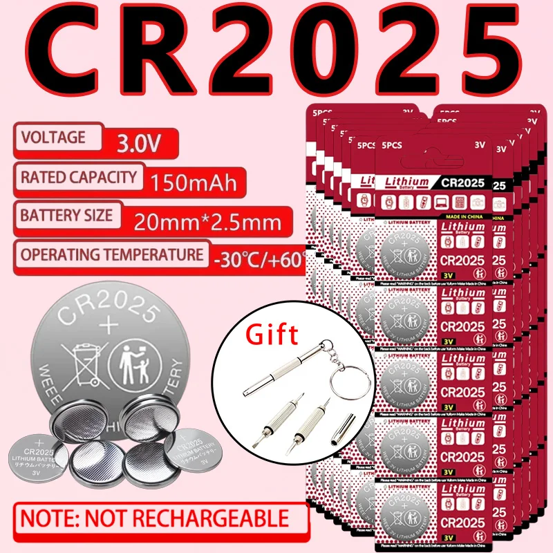 CR2025 3V Lithium Button Coin Cell Battery for Watches Toys Clocks Calculators DL2025 BR2025 5003LC LM2025
CR2025 3V Lithium Button Coin Cell Battery for Watches Toys Clocks Calculators DL2025 BR2025 5003LC LM2025