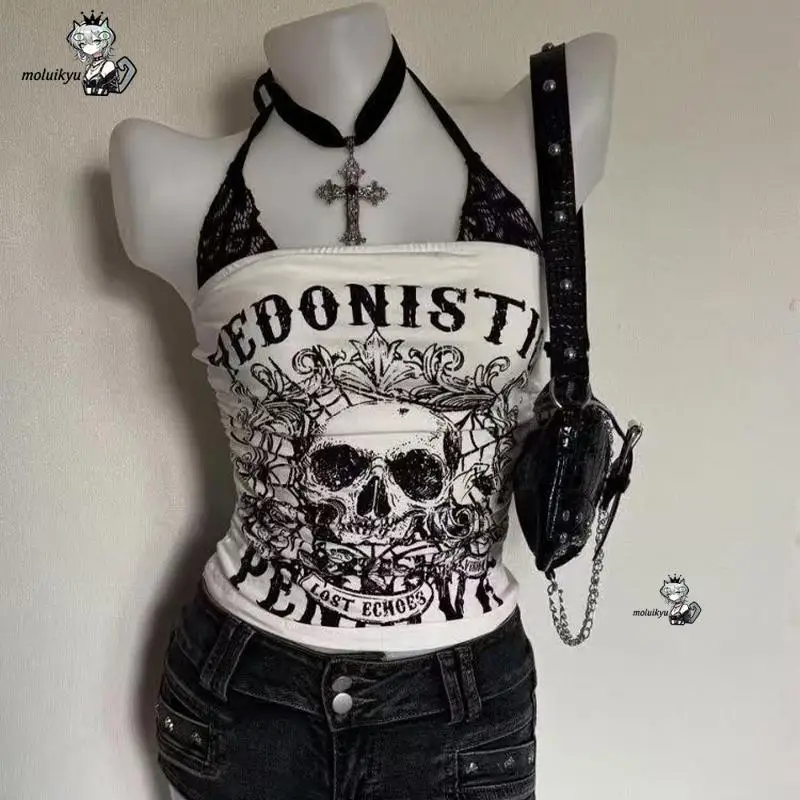 Y2K Women's Top Lace Gothic Skull Print Halter Trim Ruched Cami Grunge Aesthetic Sleeveless Tube Top Edgy Streetwear Fashion
Y2K Women's Top Lace Gothic Skull Print Halter Trim Ruched Cami Grunge Aesthetic Sleeveless Tube Top Edgy Streetwear Fashion