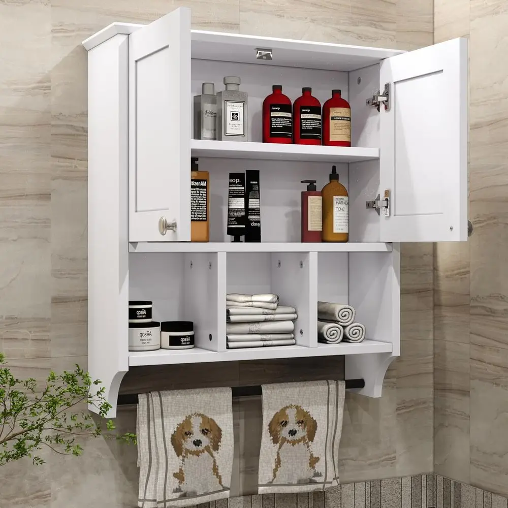 White Wall-Mounted Bathroom Cabinet with Towel Bar and Storage Shelves
White Wall-Mounted Bathroom Cabinet with Towel Bar and Storage Shelves