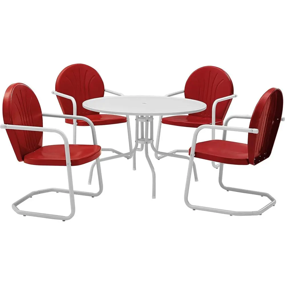 5-Piece Outdoor Dining Set with Retro Metal Round Table and Coral Red Chairs
5-Piece Outdoor Dining Set with Retro Metal Round Table and Coral Red Chairs