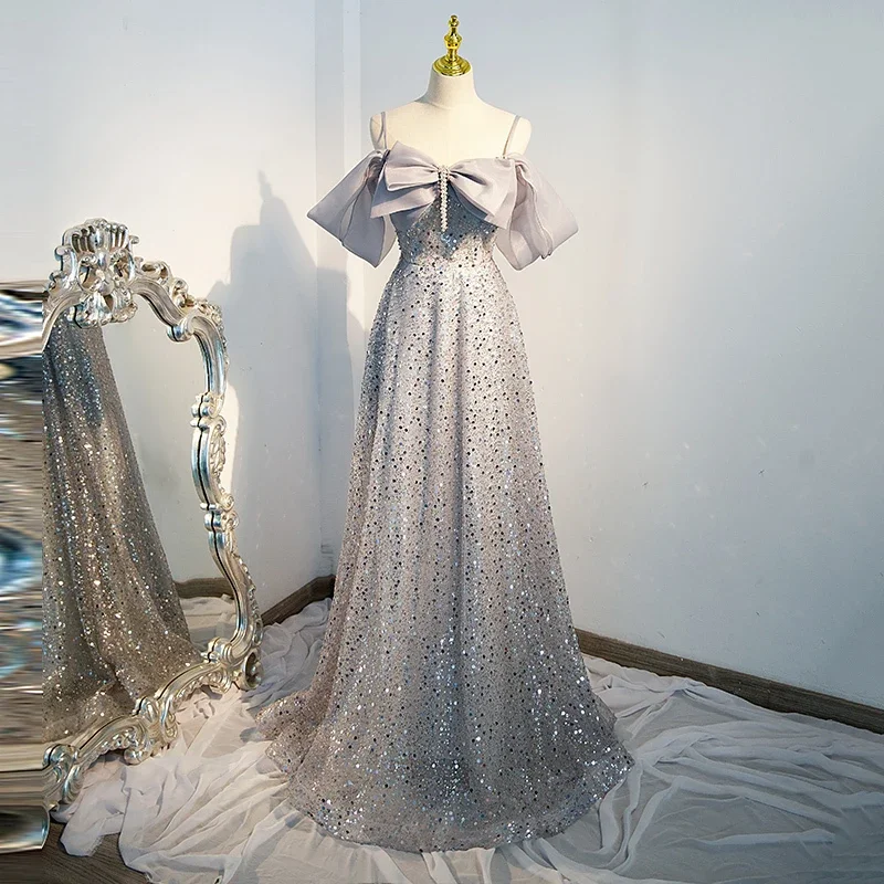 Customized Evening Dress Gray Sequins Off the Shoulder Short Sleeves A-line Floor Length Plus size Women Party Formal Gown B2335
Customized Evening Dress Gray Sequins Off the Shoulder Short Sleeves A-line Floor Length Plus size Women Party Formal Gown B2335