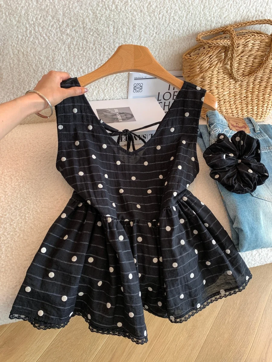 Black Polka Dot V Neck Strap Top Women's Summer Thin Fashionable Belted Lace Trim Hair Tie Small Shirt Loose Fit Short Sleeve
Black Polka Dot V Neck Strap Top Women's Summer Thin Fashionable Belted Lace Trim Hair Tie Small Shirt Loose Fit Short Sleeve