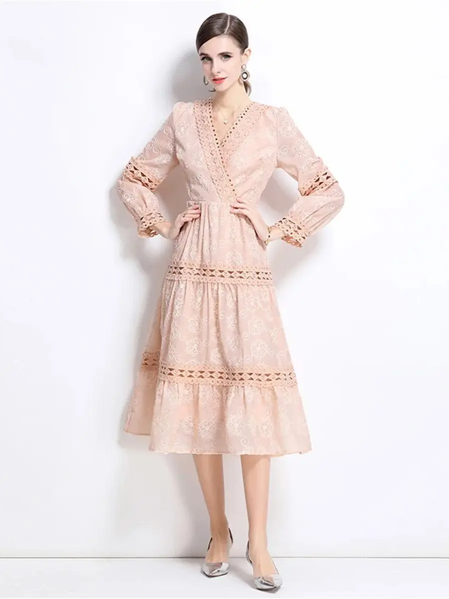 Mesh Flower Embroidery Dresses For Women V-Neck Lace Spliced Long Sleeve High Waist Causal Elegant Dress Female New Clothing
Mesh Flower Embroidery Dresses For Women V-Neck Lace Spliced Long Sleeve High Waist Causal Elegant Dress Female New Clothing