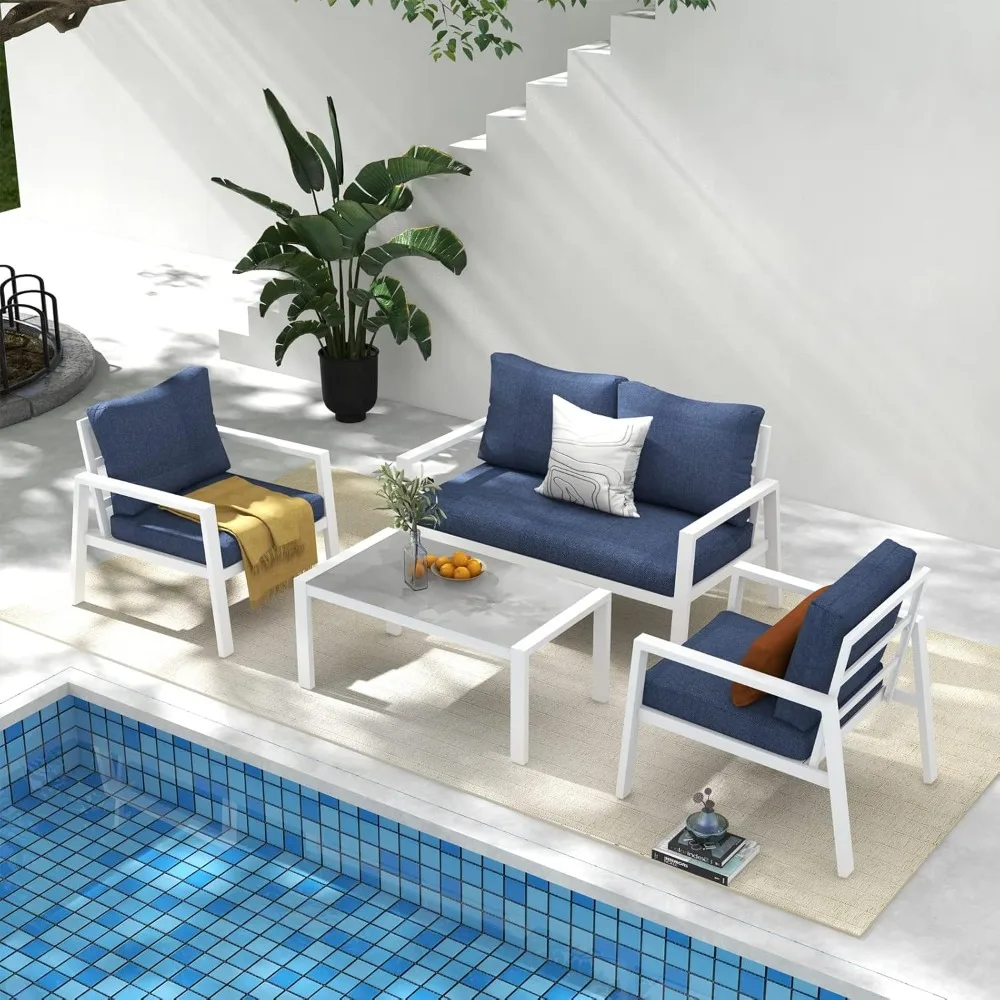 4-Piece Aluminum Outdoor Patio Furniture, Patio Conversation Sofa Set with Removable Cushions, Tempered Glass Top Coffee Table
4-Piece Aluminum Outdoor Patio Furniture, Patio Conversation Sofa Set with Removable Cushions, Tempered Glass Top Coffee Table