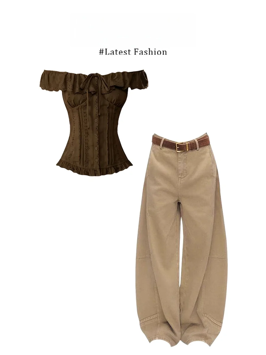 Fashionable Wide Leg Jeans Set with Lace Trim Top Women's Casual Wear Summer Outfit Quick Dry Polyester Fabric round Neck Tshirt
Fashionable Wide Leg Jeans Set with Lace Trim Top Women's Casual Wear Summer Outfit Quick Dry Polyester Fabric round Neck Tshirt