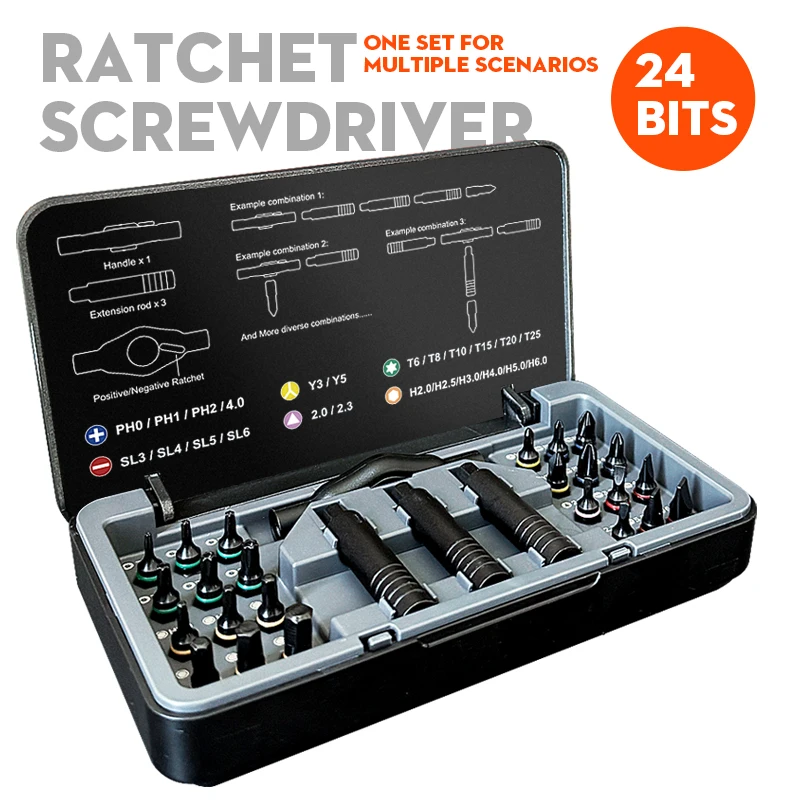 24-in-1 multi-functional manual ratchet screwdriver set, featuring a freely combinable aluminum alloy ratchet handle
24-in-1 multi-functional manual ratchet screwdriver set, featuring a freely combinable aluminum alloy ratchet handle