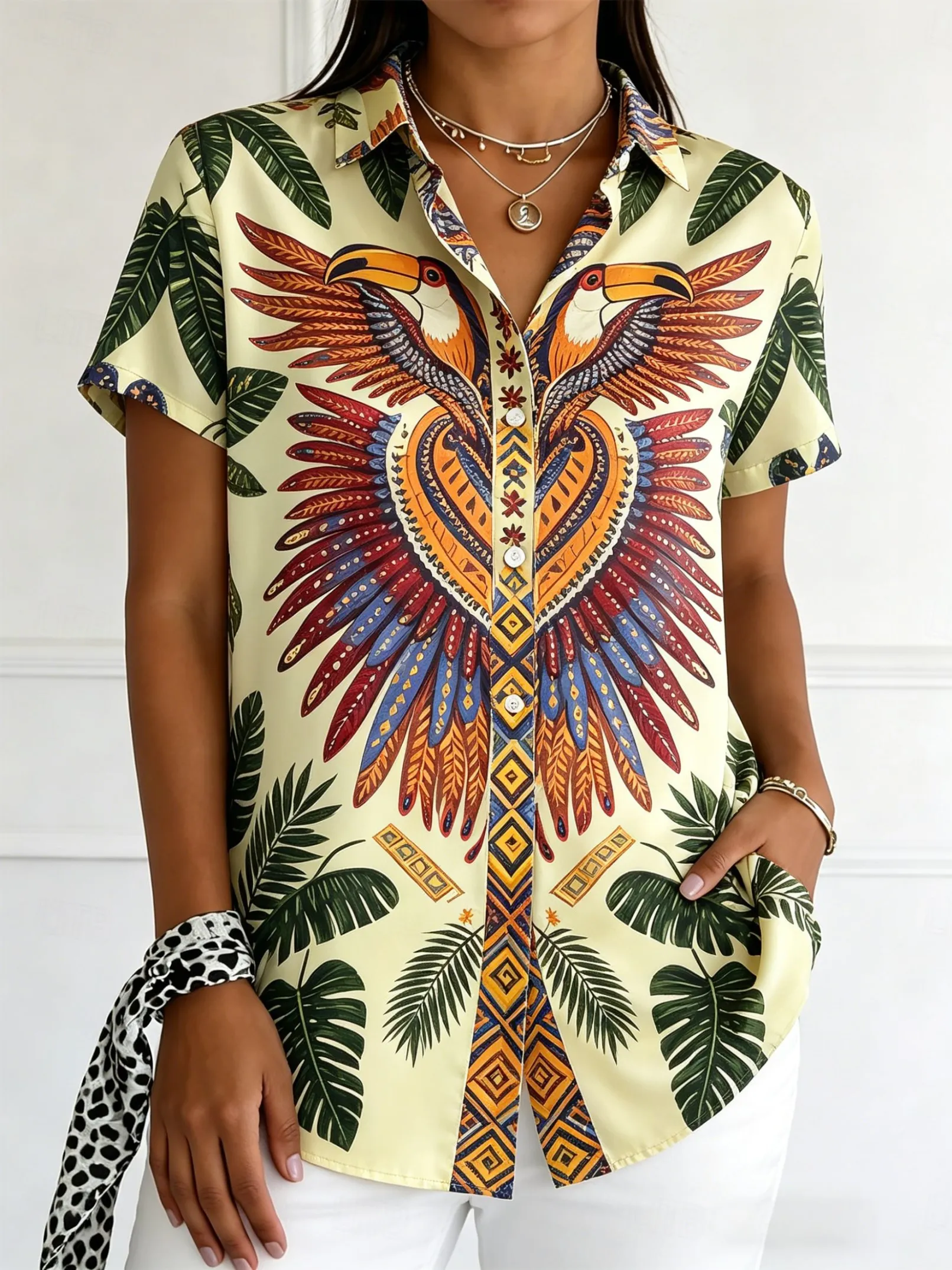 Women's Short Sleeve Lapel Toucan & Tropical Print Button-Up Shirt, Casual Tops for Spring Summer Daily & Holiday Wear
Women's Short Sleeve Lapel Toucan & Tropical Print Button-Up Shirt, Casual Tops for Spring Summer Daily & Holiday Wear