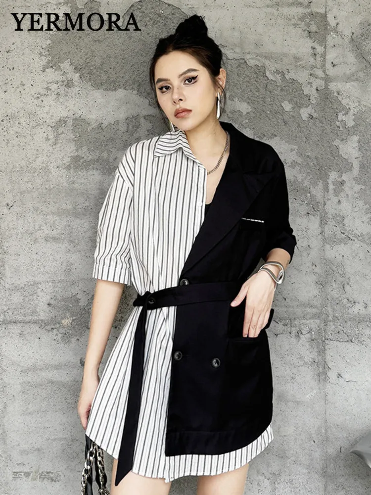 YERMORA Women Black Spliced Striped Belt Casual Blouse Lapel Shrt Sleeve Loose Fit Shirt Fashion Tide Spring Summer 2025 A310
YERMORA Women Black Spliced Striped Belt Casual Blouse Lapel Shrt Sleeve Loose Fit Shirt Fashion Tide Spring Summer 2025 A310