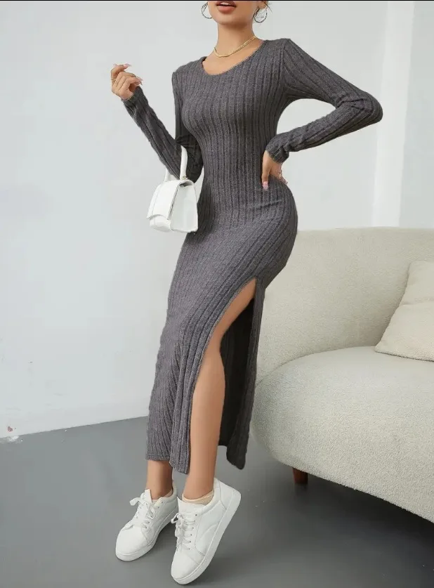 French Style Solid Stripe Dress - Long Sleeve Round Neck Bodycon Slit Maxi Dress, Casual Full Length Women's Dress
French Style Solid Stripe Dress - Long Sleeve Round Neck Bodycon Slit Maxi Dress, Casual Full Length Women's Dress