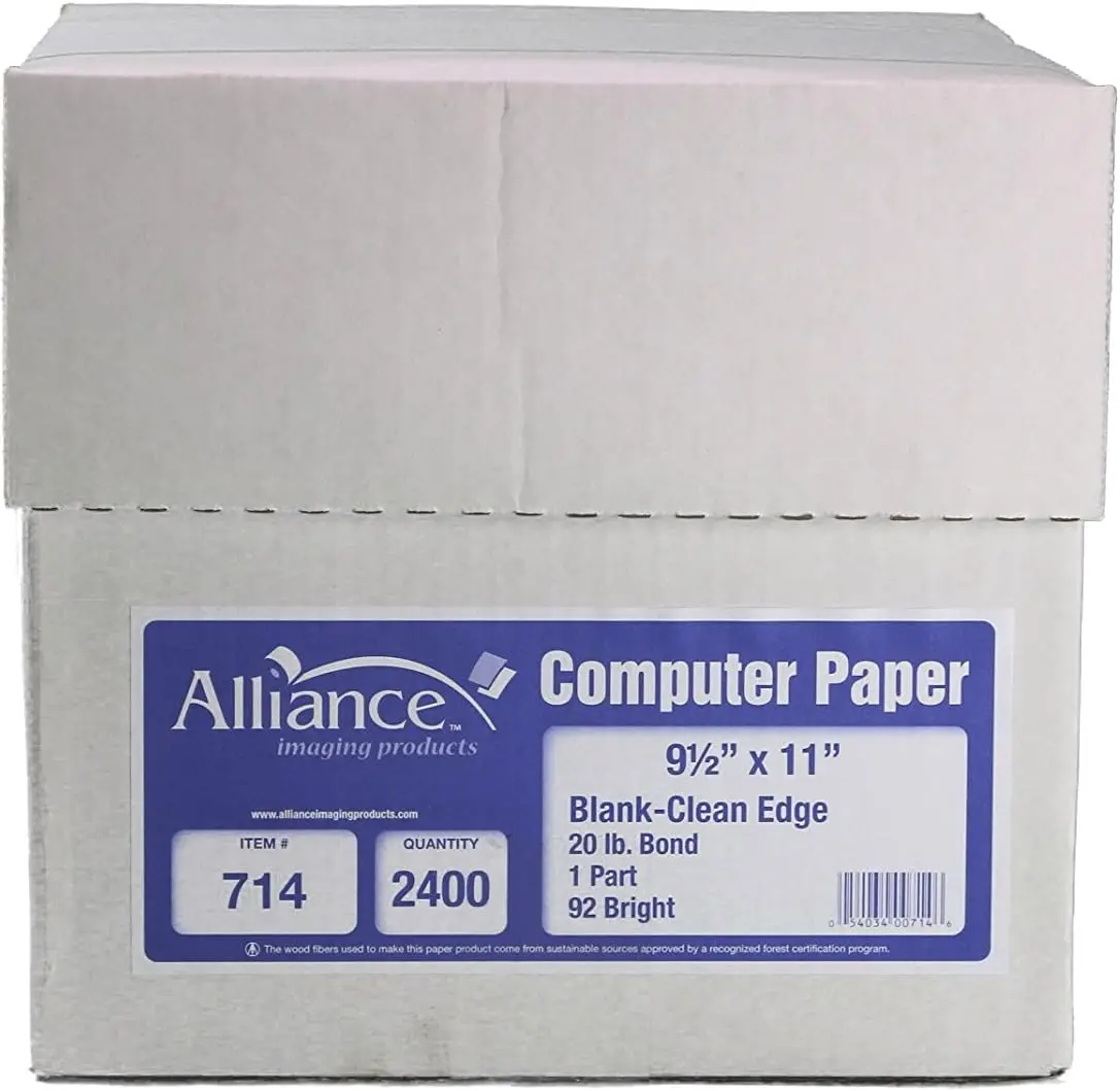 Continuous Computer Paper 9.5x11 Blank Perforated 1-Part 2400 Sheets 20lb 92 Bright
Continuous Computer Paper 9.5x11 Blank Perforated 1-Part 2400 Sheets 20lb 92 Bright