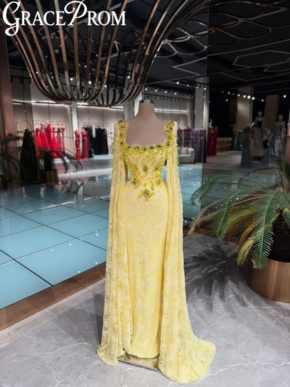 Yellow Beaded Crystal Evening Dress Glamorous Cape Sleeve Long Wedding Party Gown Customized Lace Square Neck Banquet Gowns
Yellow Beaded Crystal Evening Dress Glamorous Cape Sleeve Long Wedding Party Gown Customized Lace Square Neck Banquet Gowns