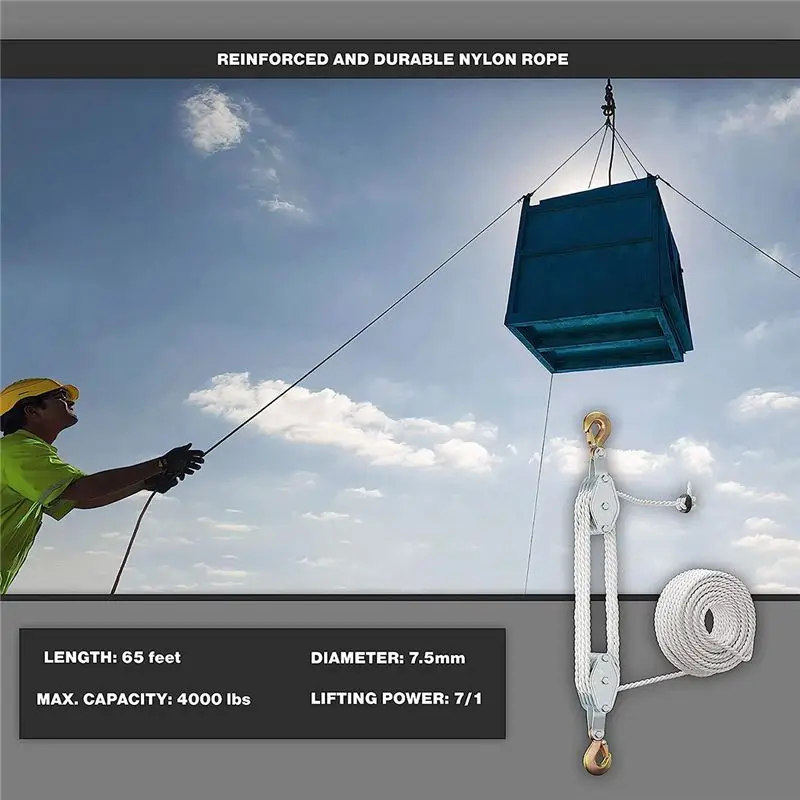 ABJS 4400 LBS Breaking Strength Heavy Duty Pulley, Block And Tackle, 65 Ft 3/8In Rope Pulley for Animal Husbandry Warehouses
ABJS 4400 LBS Breaking Strength Heavy Duty Pulley, Block And Tackle, 65 Ft 3/8In Rope Pulley for Animal Husbandry Warehouses