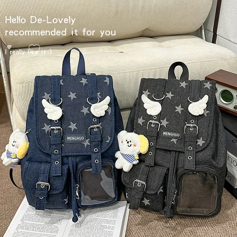 Y2K Denim Star Backpack Angel Wings Ita Bag Clear Window Multi Pocket Retro Sweet Cool Casual Student Commuter Bag For Girls
Y2K Denim Star Backpack Angel Wings Ita Bag Clear Window Multi Pocket Retro Sweet Cool Casual Student Commuter Bag For Girls