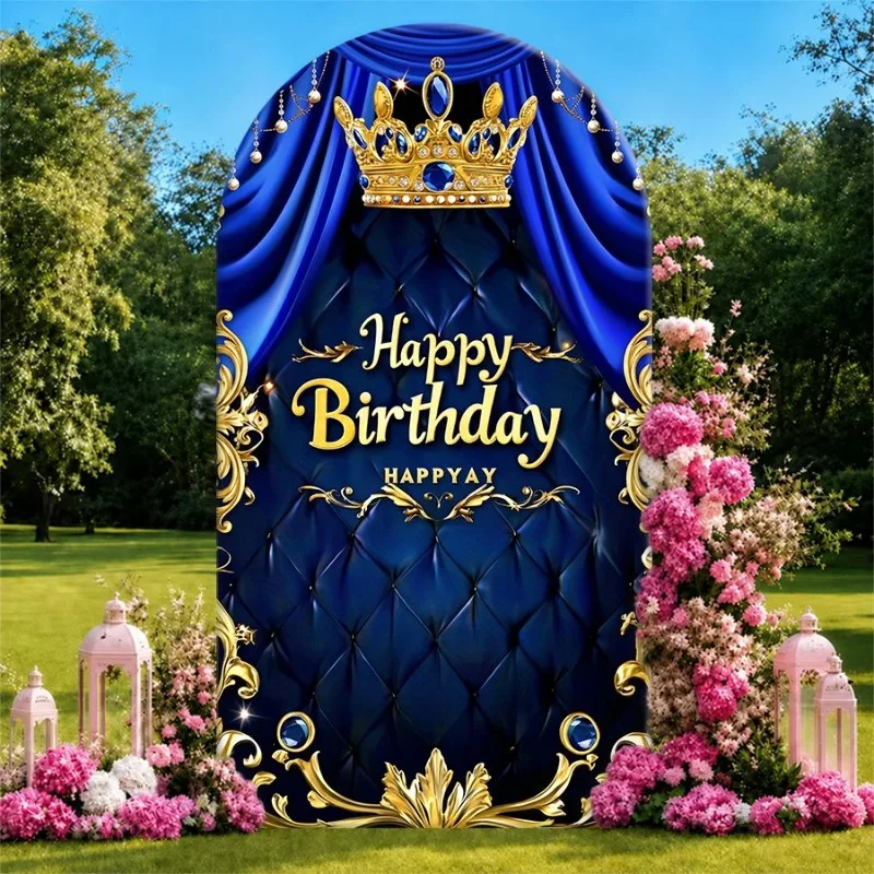 Single Side Arch Backdrop Cover Royal Blue Tufted Curtain Birthday Backdrop with Golden Crown and Floral Arrangements
Single Side Arch Backdrop Cover Royal Blue Tufted Curtain Birthday Backdrop with Golden Crown and Floral Arrangements