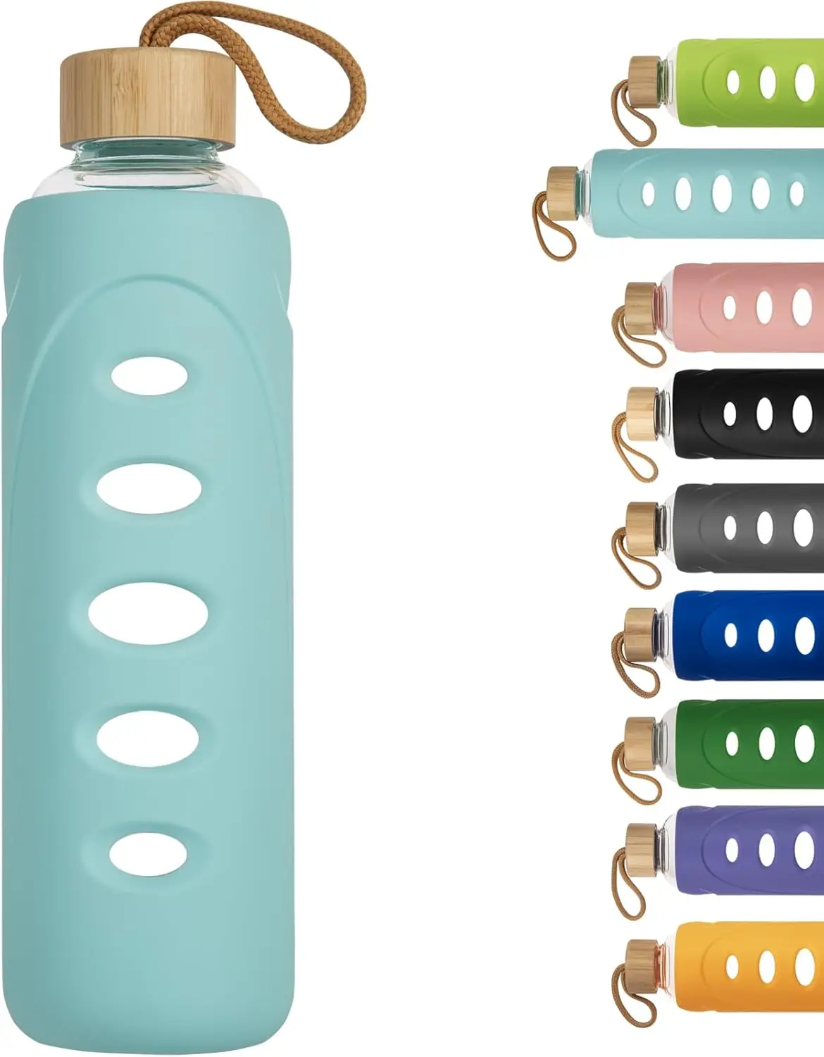 Sport 32oz Glass Water Bottle 1000ml Borosilicate Reusable with Silicone Sleeve & Unique Lid (Cyan)
Sport 32oz Glass Water Bottle 1000ml Borosilicate Reusable with Silicone Sleeve & Unique Lid (Cyan)