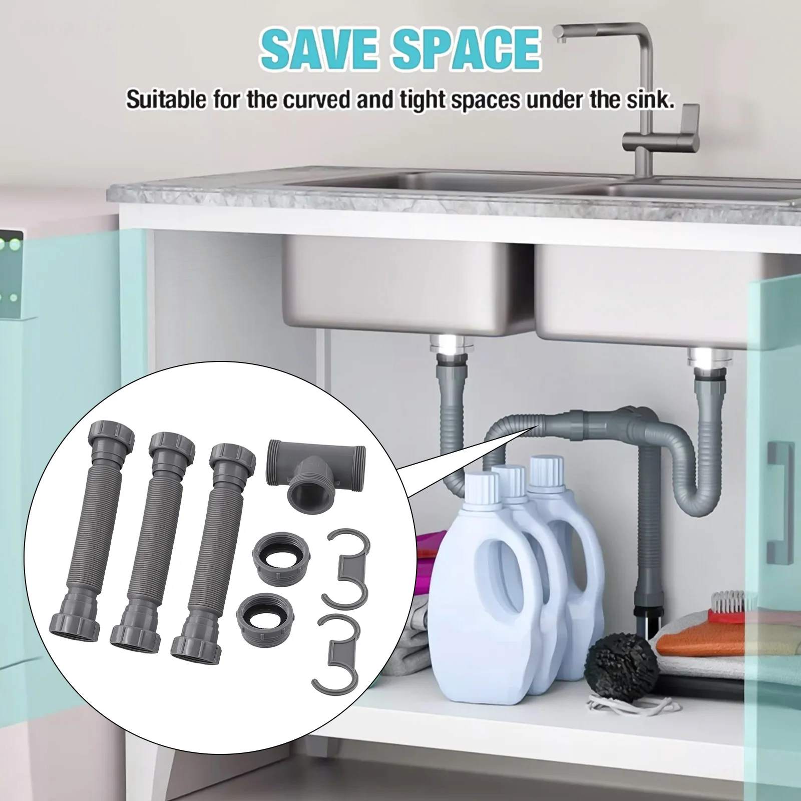 Sink Drain Hose Kit Adjustable Kitchen Double-head Hose 1-1/2 1-1/4Inc P Trap Sink Drain Anti-odour Screw Drain Hose For 20-80cm
Sink Drain Hose Kit Adjustable Kitchen Double-head Hose 1-1/2 1-1/4Inc P Trap Sink Drain Anti-odour Screw Drain Hose For 20-80cm