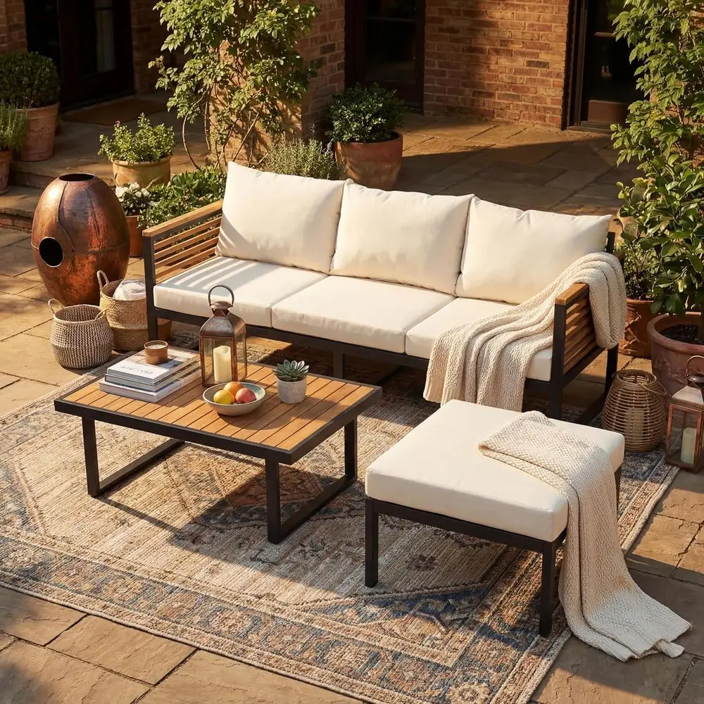 3-Piece Outdoor Acacia Wood Patio Sofa Set with Metal Frame, L-Shape Sofa, Coffee Table, Ottoman for Garden, Poolside, Backyard
3-Piece Outdoor Acacia Wood Patio Sofa Set with Metal Frame, L-Shape Sofa, Coffee Table, Ottoman for Garden, Poolside, Backyard