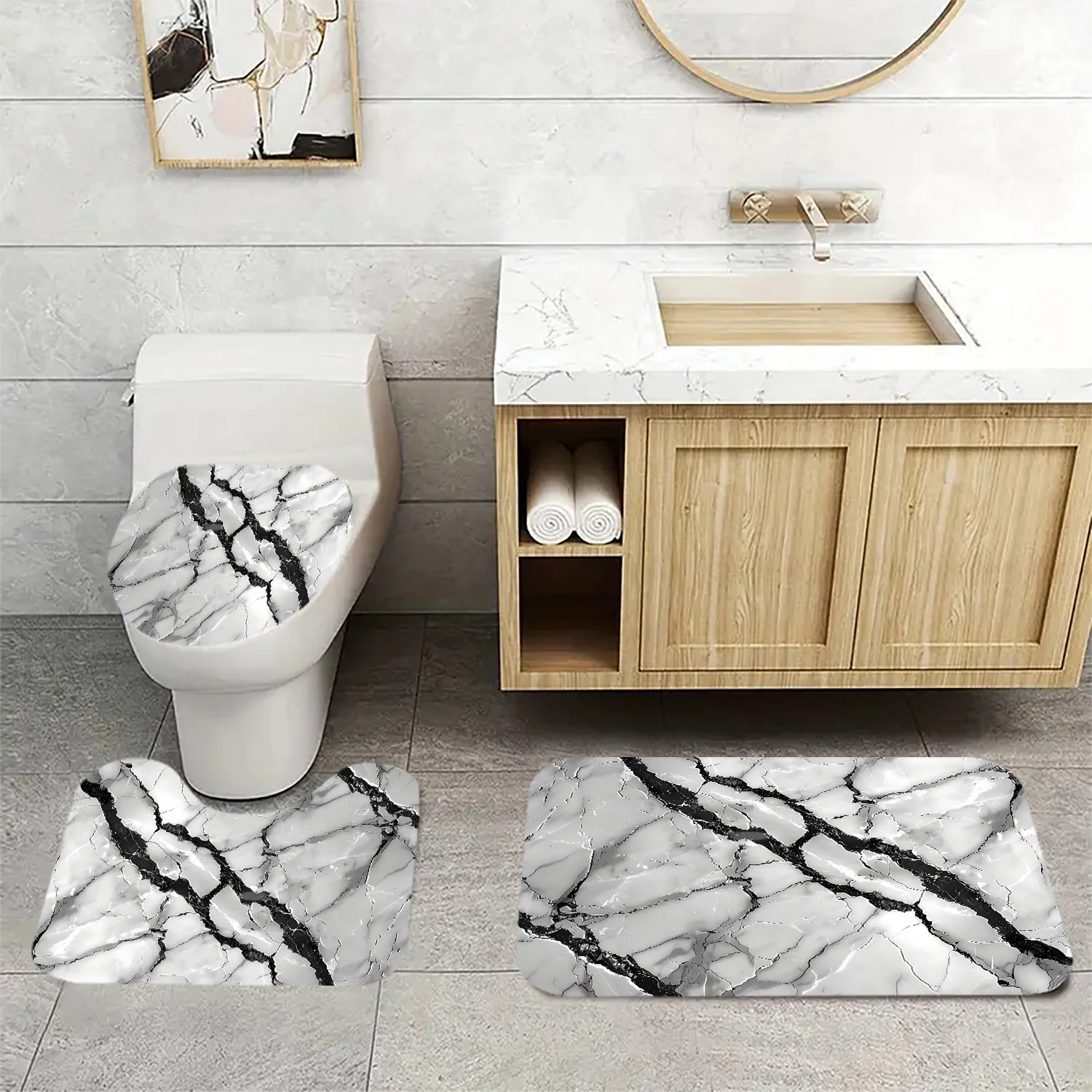 3-piece modern black and white marble print bathroom set, non-slip, U-shaped toilet seat and toilet lid set, stylish home decor
3-piece modern black and white marble print bathroom set, non-slip, U-shaped toilet seat and toilet lid set, stylish home decor
