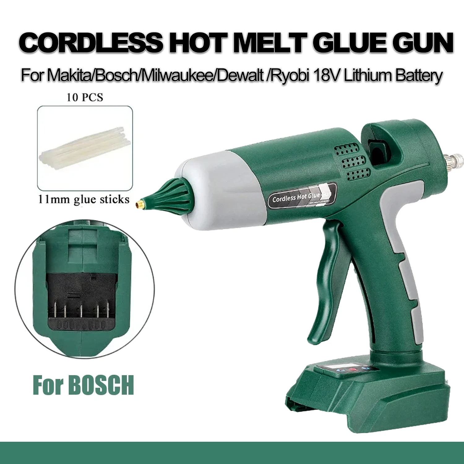 Cordless Hot Melt Glue Gun with 11mm Glue Sticks for Makita/Dewalt/Milwaukee/Bosch/Ryobi 18V Li-ion Battery
Cordless Hot Melt Glue Gun with 11mm Glue Sticks for Makita/Dewalt/Milwaukee/Bosch/Ryobi 18V Li-ion Battery