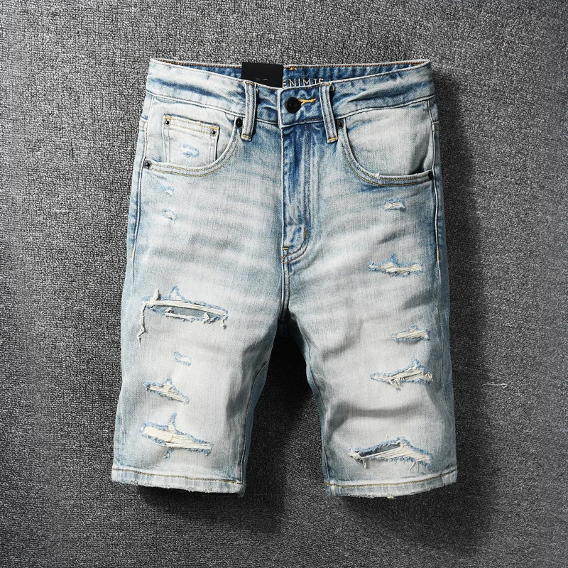 Designer Fashion Men Jeans High Quality Retro Light Blue Patched Ripped Denim Shorts Men Summer Stretch Vintage Short Jeans
Designer Fashion Men Jeans High Quality Retro Light Blue Patched Ripped Denim Shorts Men Summer Stretch Vintage Short Jeans