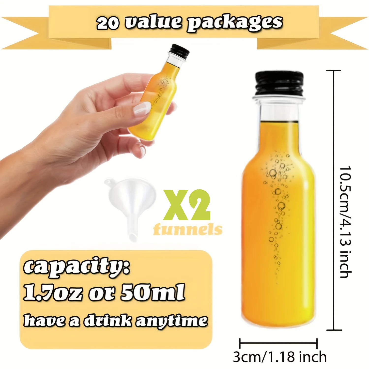 20 Mini Wine Bottles with Gold, Silver or Black Lid,1.7 oz Plastic Small Cups with 2 Funnels - Reusable Party,Sample and Spirits
20 Mini Wine Bottles with Gold, Silver or Black Lid,1.7 oz Plastic Small Cups with 2 Funnels - Reusable Party,Sample and Spirits