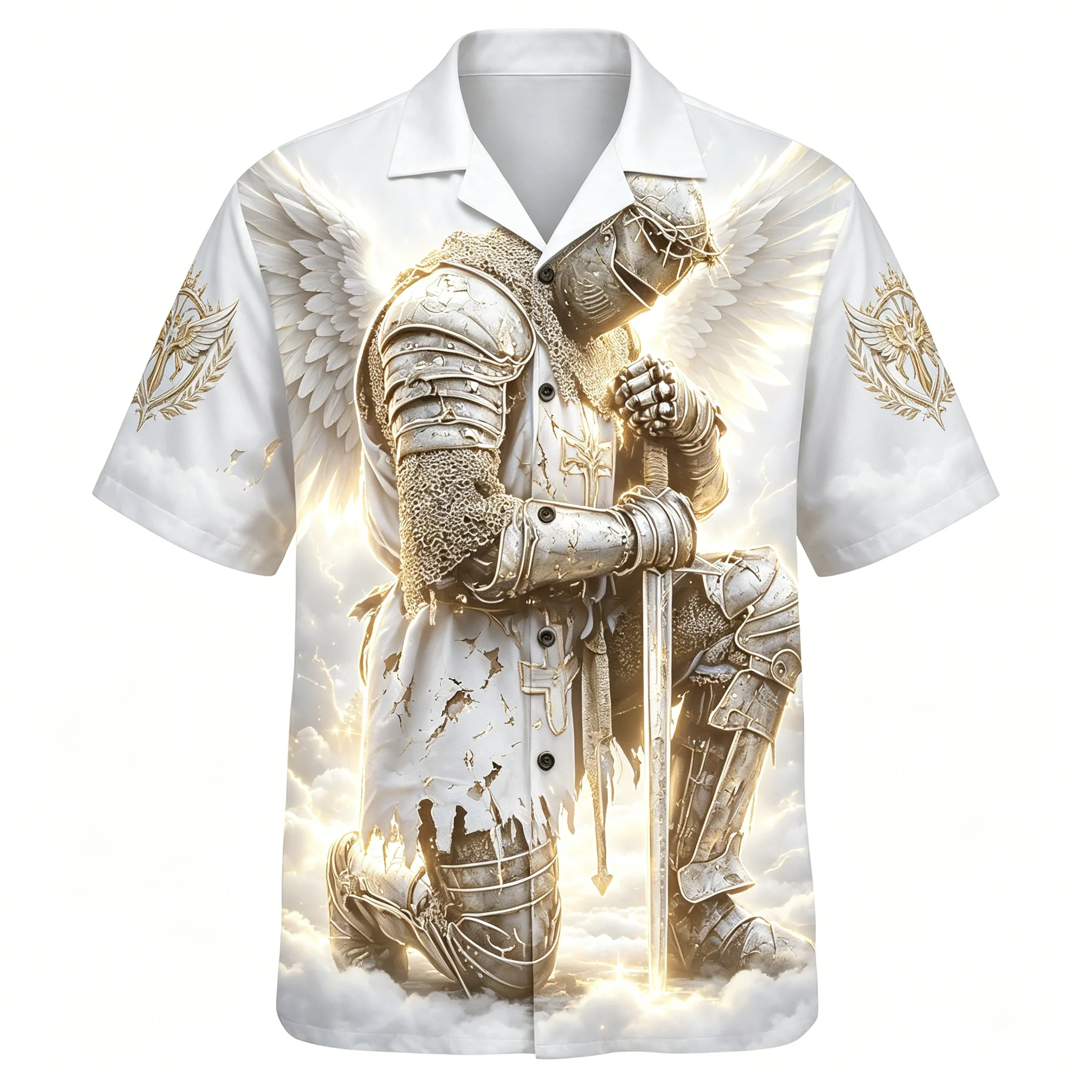 Men's Angel Knight Warrior Print Short Sleeve Shirt Divine Armor Sword Graphic Casual Cuban Collar Top for Spring & Summer
Men's Angel Knight Warrior Print Short Sleeve Shirt Divine Armor Sword Graphic Casual Cuban Collar Top for Spring & Summer