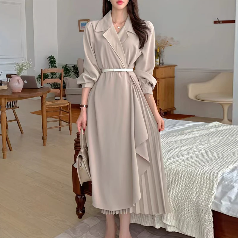 2023 Spring Autumn New Notched Collar Irregular Pleated Dress For Women Lace Up Waist Long Sleeve Office Dresses
2023 Spring Autumn New Notched Collar Irregular Pleated Dress For Women Lace Up Waist Long Sleeve Office Dresses