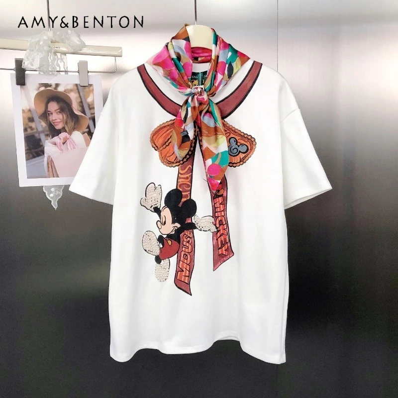Autumn New Tshirt American Retro Handmade Beaded Cartoon Letter Front And Back Print Loose Cool Short Sleeved T-Shirt With Scarf
Autumn New Tshirt American Retro Handmade Beaded Cartoon Letter Front And Back Print Loose Cool Short Sleeved T-Shirt With Scarf