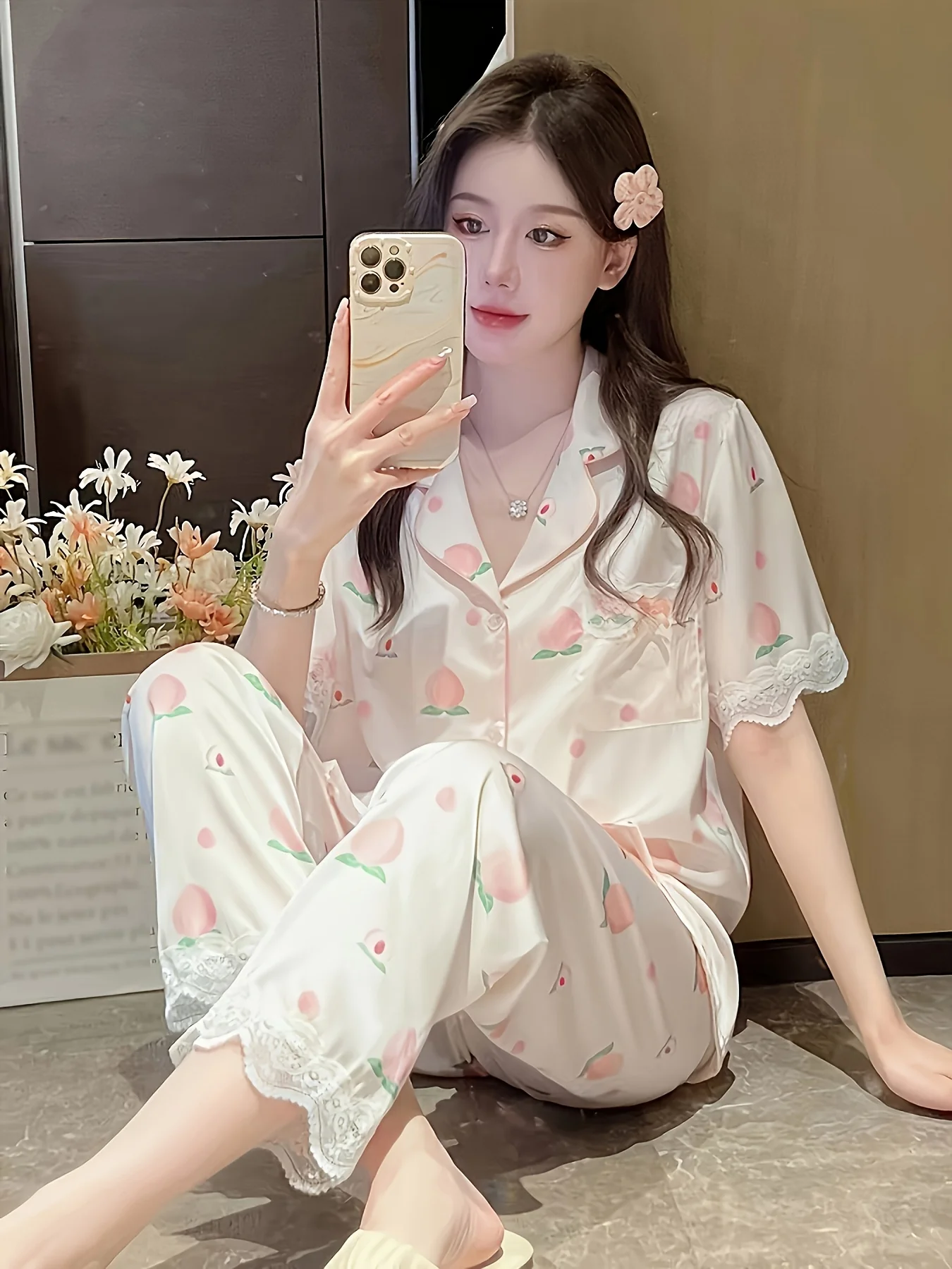 Women's Summer Short Sleeve Thin Korean Style Peach Lace Trim Sweet Faux Sexy Home Wear Set
Women's Summer Short Sleeve Thin Korean Style Peach Lace Trim Sweet Faux Sexy Home Wear Set