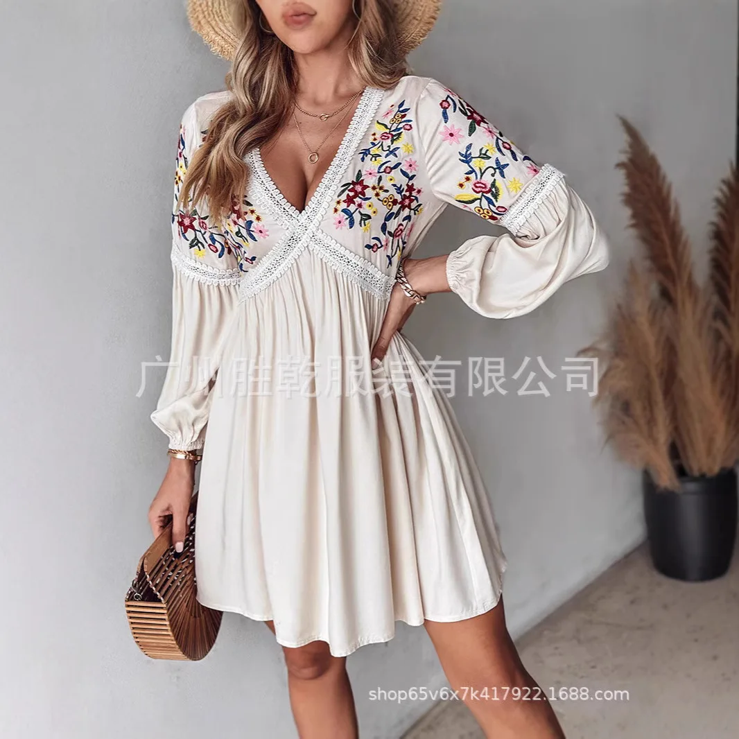 Summer Women's Dress New Women's Fashion Women's Embroidery V-neck Lace Long Sleeve Comfortable Casual Dress
Summer Women's Dress New Women's Fashion Women's Embroidery V-neck Lace Long Sleeve Comfortable Casual Dress