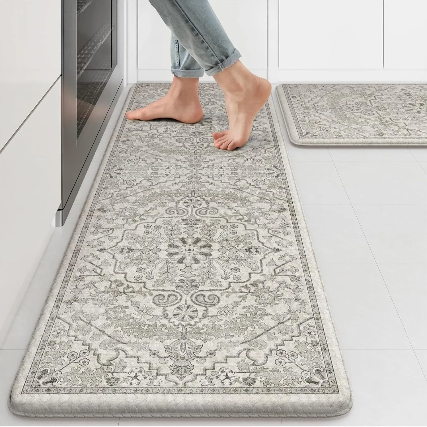 Kitchen Mats Cushioned Anti Fatigue, Boho Vintage Grey Rugs Sets of 2, Non-Slip Padded Floor Mat for Sink Laundry Office Desk
Kitchen Mats Cushioned Anti Fatigue, Boho Vintage Grey Rugs Sets of 2, Non-Slip Padded Floor Mat for Sink Laundry Office Desk