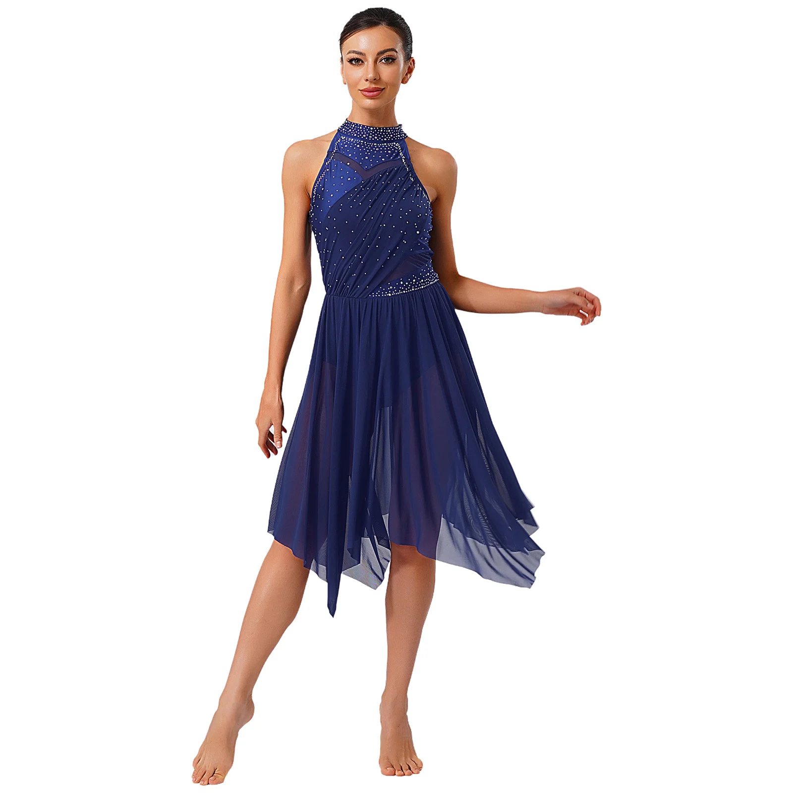 Womens Lyrical Dance Dress Halter Glittery Rhinestones Patchwork Irregular Mesh Ruffled Hem Dress for Dance Classes Competition
Womens Lyrical Dance Dress Halter Glittery Rhinestones Patchwork Irregular Mesh Ruffled Hem Dress for Dance Classes Competition