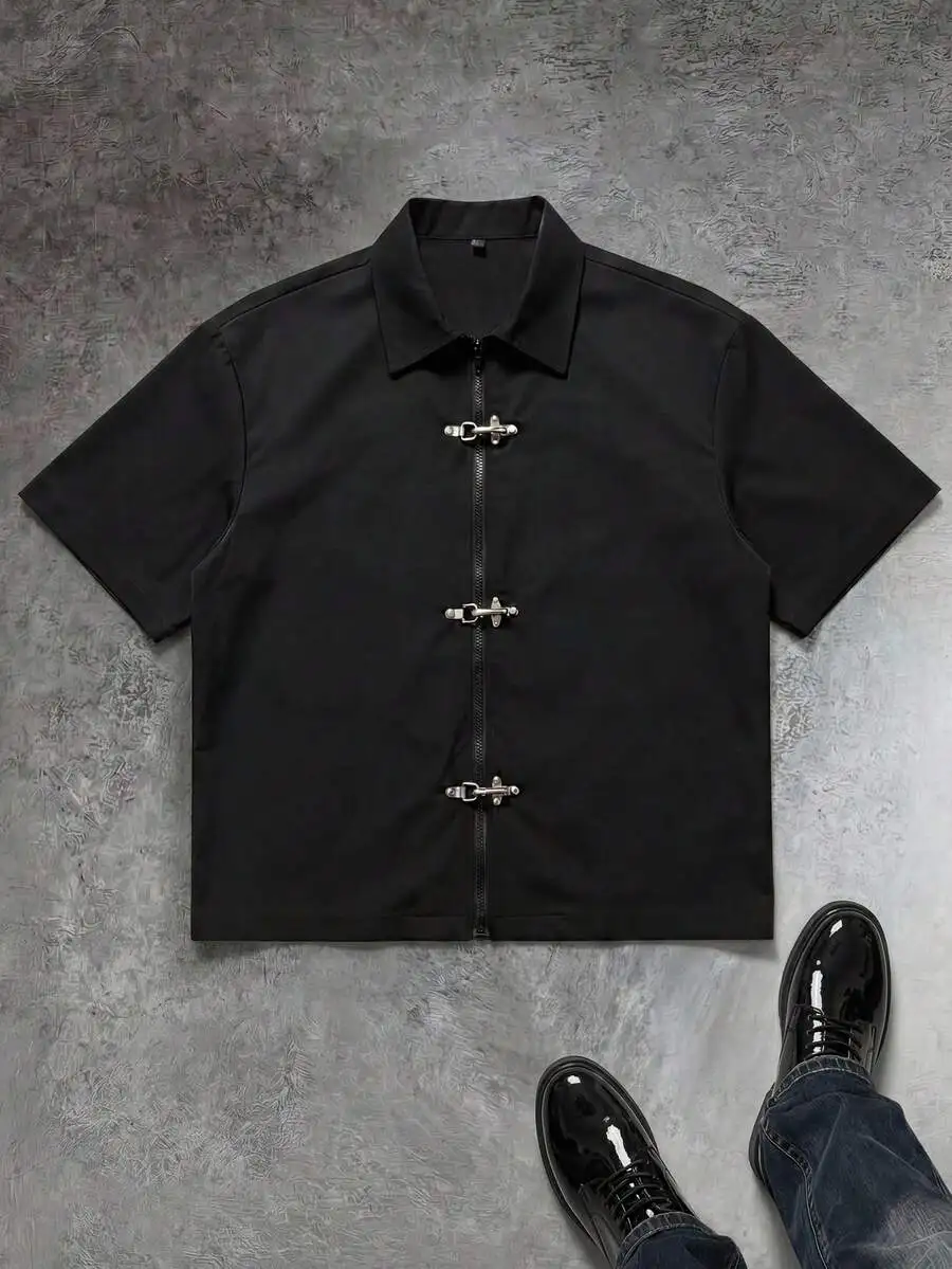 Mens Black Casual Short Sleeve Shirt With Metal Toggle Zipper Closure
Mens Black Casual Short Sleeve Shirt With Metal Toggle Zipper Closure