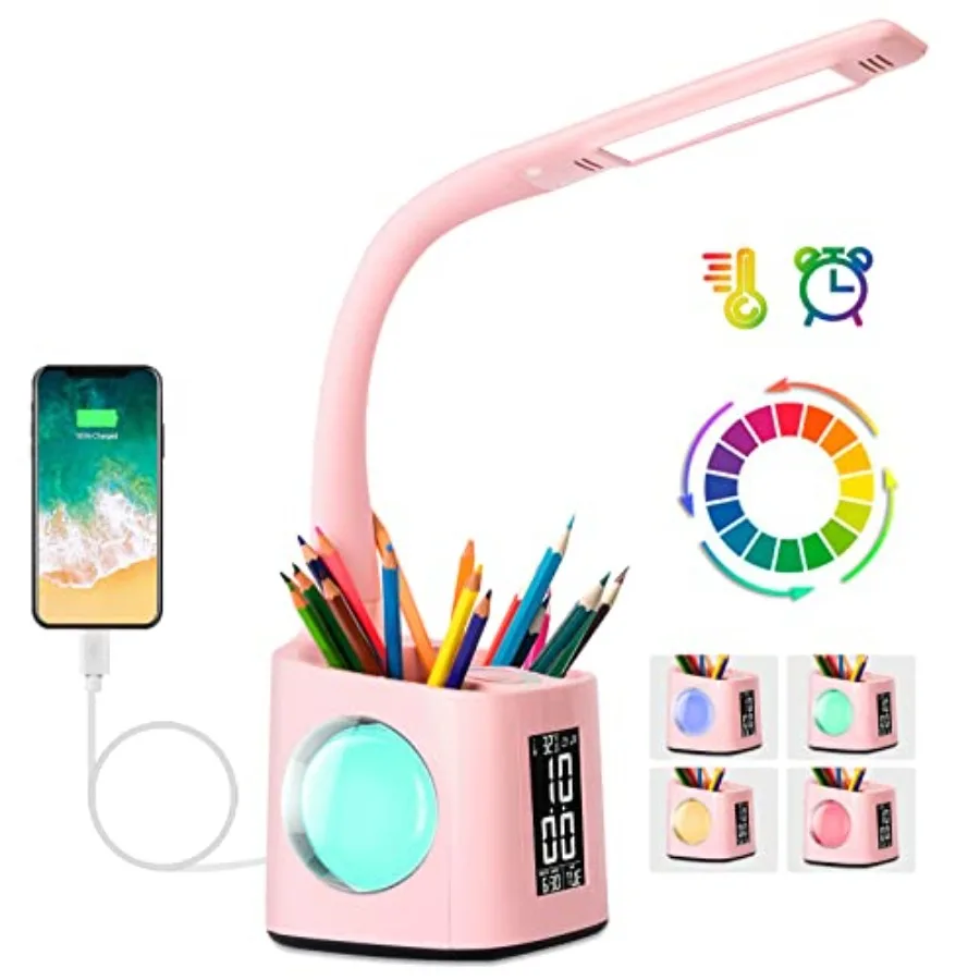 LED Desk Lamp with Clock, Color Changing Nightlight, Study Lamp with Pen Holder, Desk Light with USB Charger, Table Light for H
LED Desk Lamp with Clock, Color Changing Nightlight, Study Lamp with Pen Holder, Desk Light with USB Charger, Table Light for H