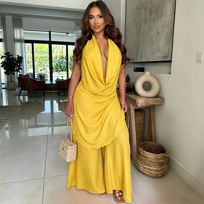 Doyerl Solid Loose Two Piece Vacation Outfits Women's Matching Sets Party Club Halter V-neck Backless Top + Wide Leg Pants Suit
Doyerl Solid Loose Two Piece Vacation Outfits Women's Matching Sets Party Club Halter V-neck Backless Top + Wide Leg Pants Suit